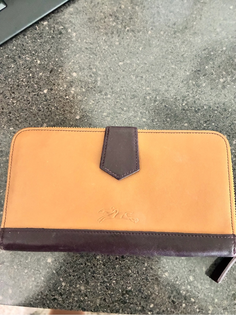 Longchamp Two-Tone Tan and Dark Brown Leather Zip Wallet
